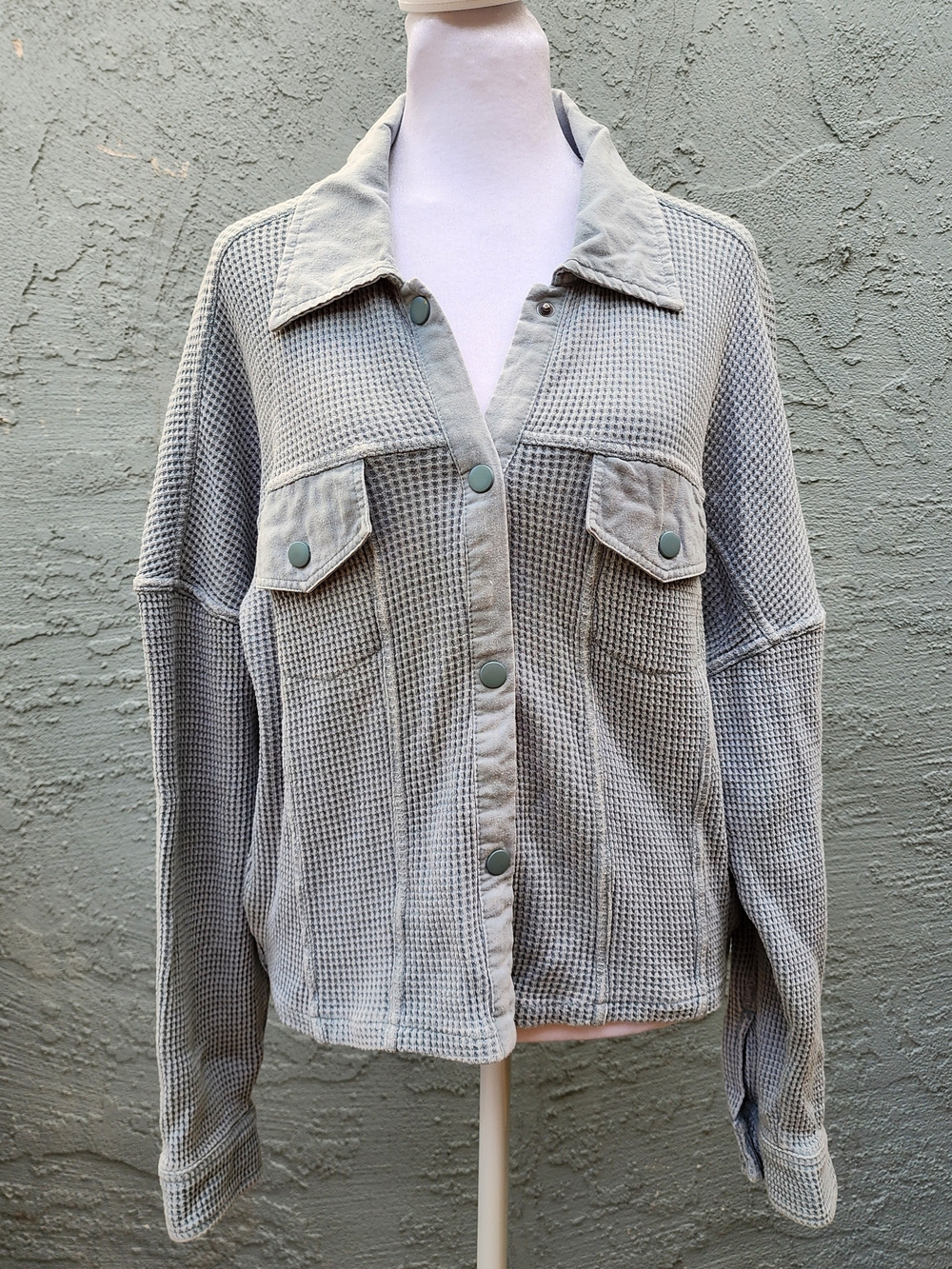 Mono B Waffle Knit Cropped Jacket Mineral Wash Snap Front Sage Green Size [S]